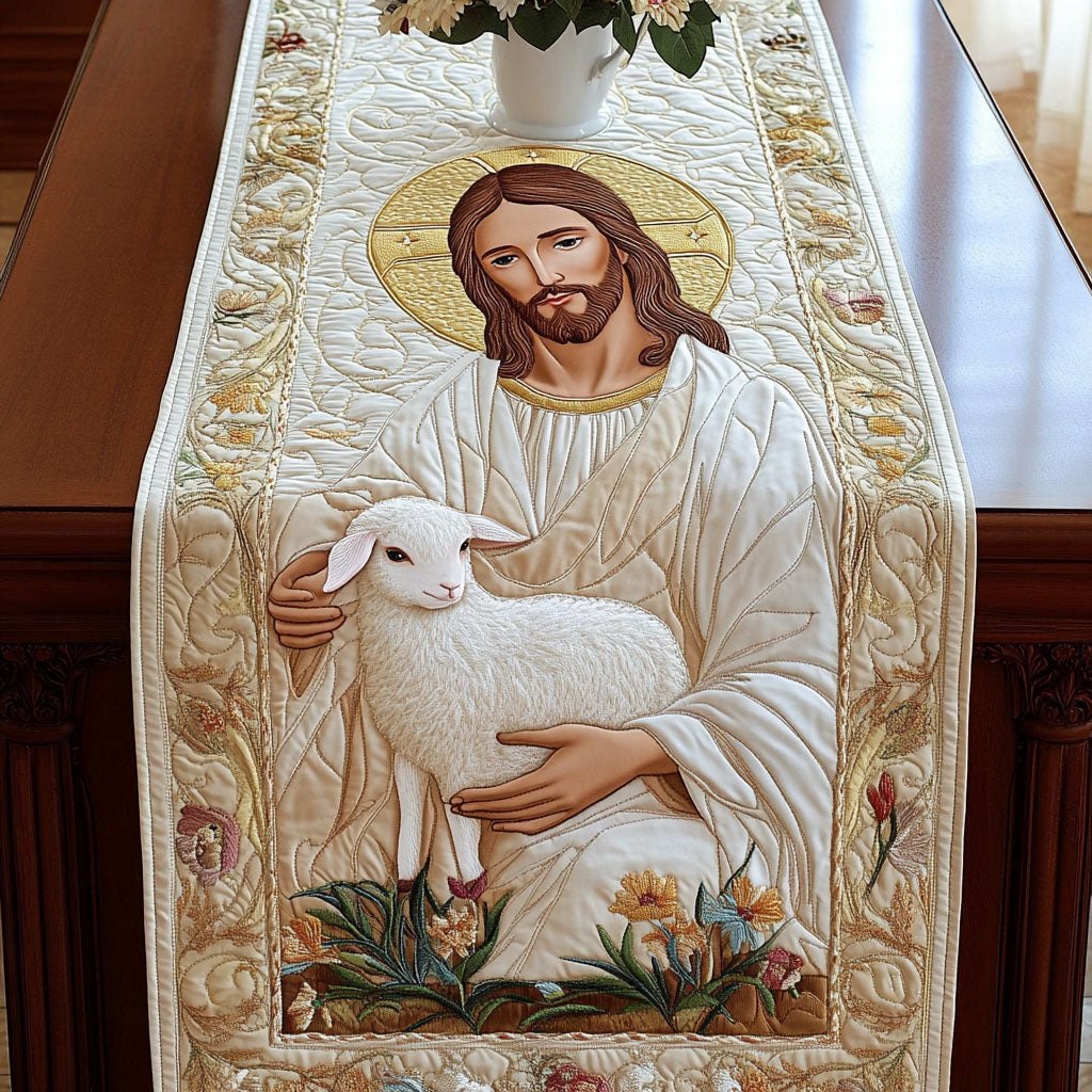 Shepherd Cradling a White Lamb Table Runner