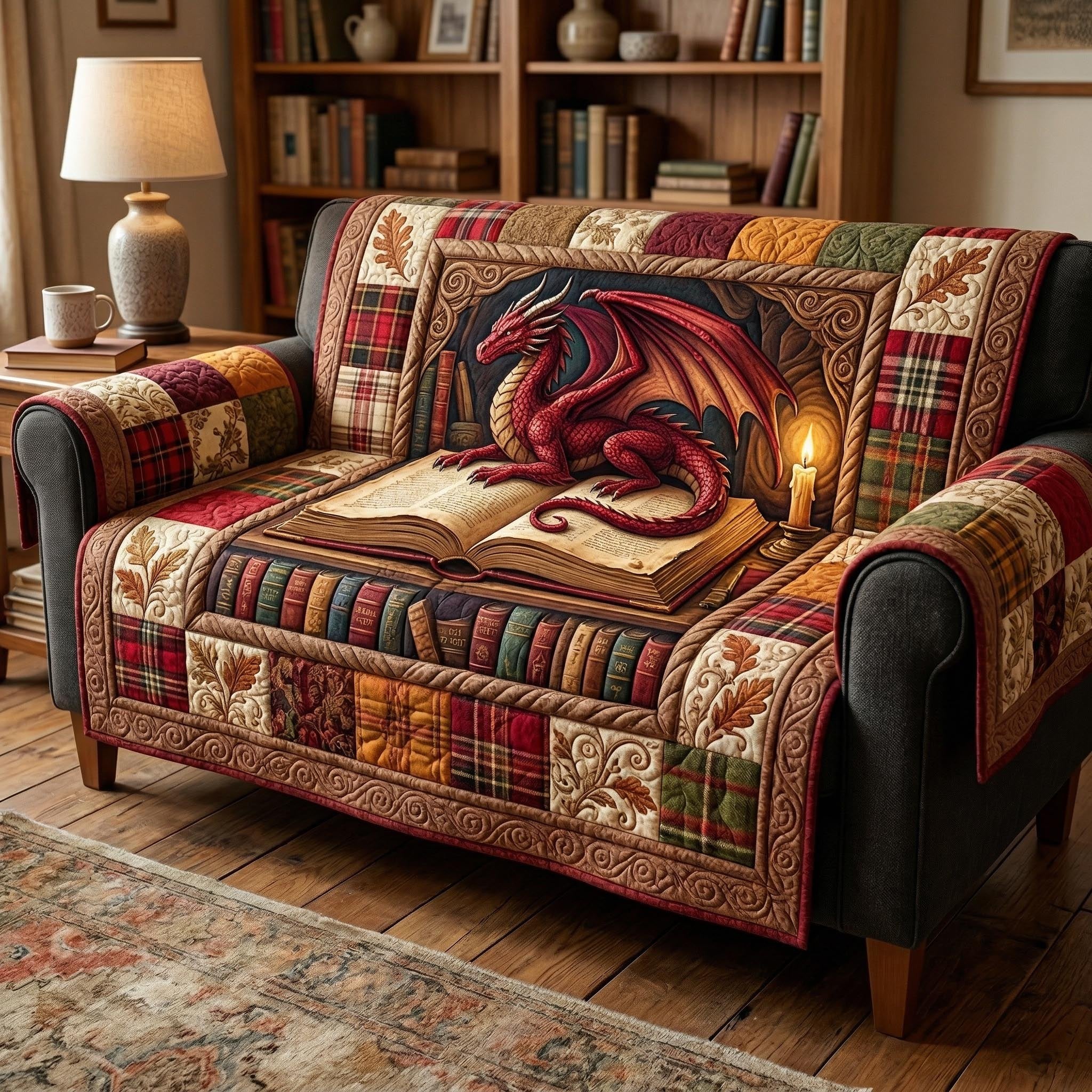 Red Dragon Asleep on Open Books Sofa Cover