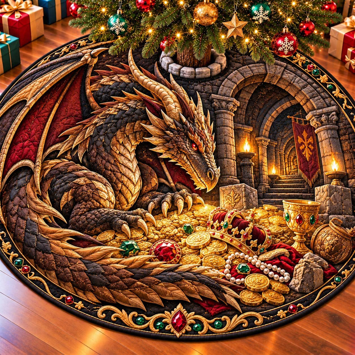 Dragon Treasure Vault Christmas Tree Skirt