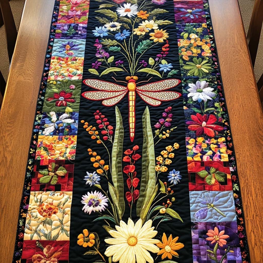 Dragonflies with Bright Flower Blocks Table Runner