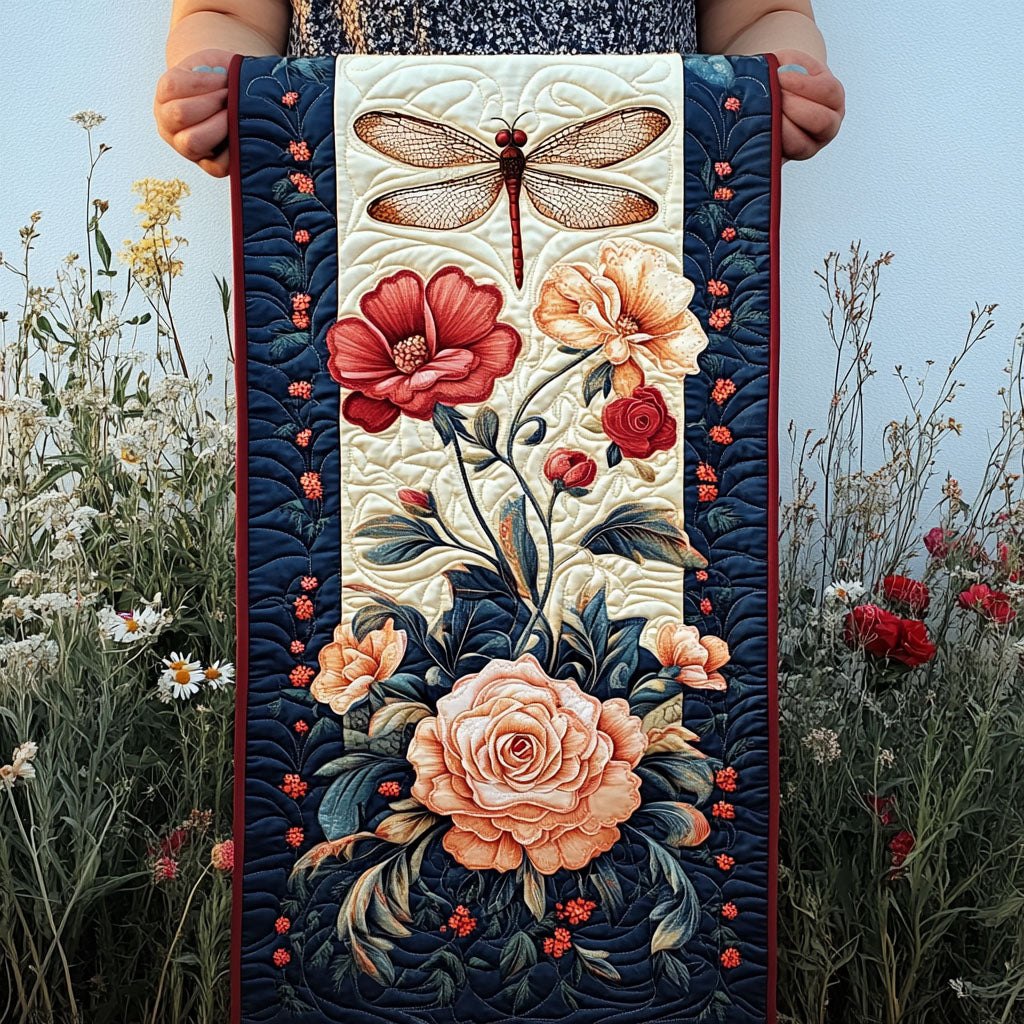 Roses and Poppies on Navy Panels Table Runner