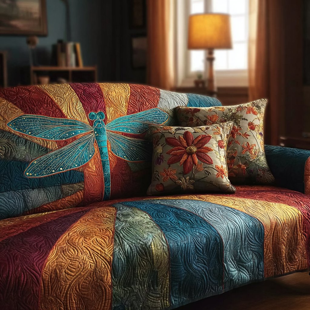 Teal Dragonfly on Amber Blocks Sofa Cover