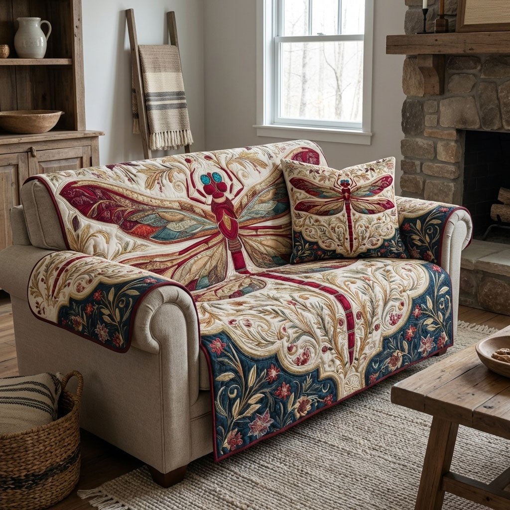 Red Dragonfly on Ivory Vines Sofa Cover