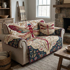 Red Dragonfly on Ivory Vines Sofa Cover