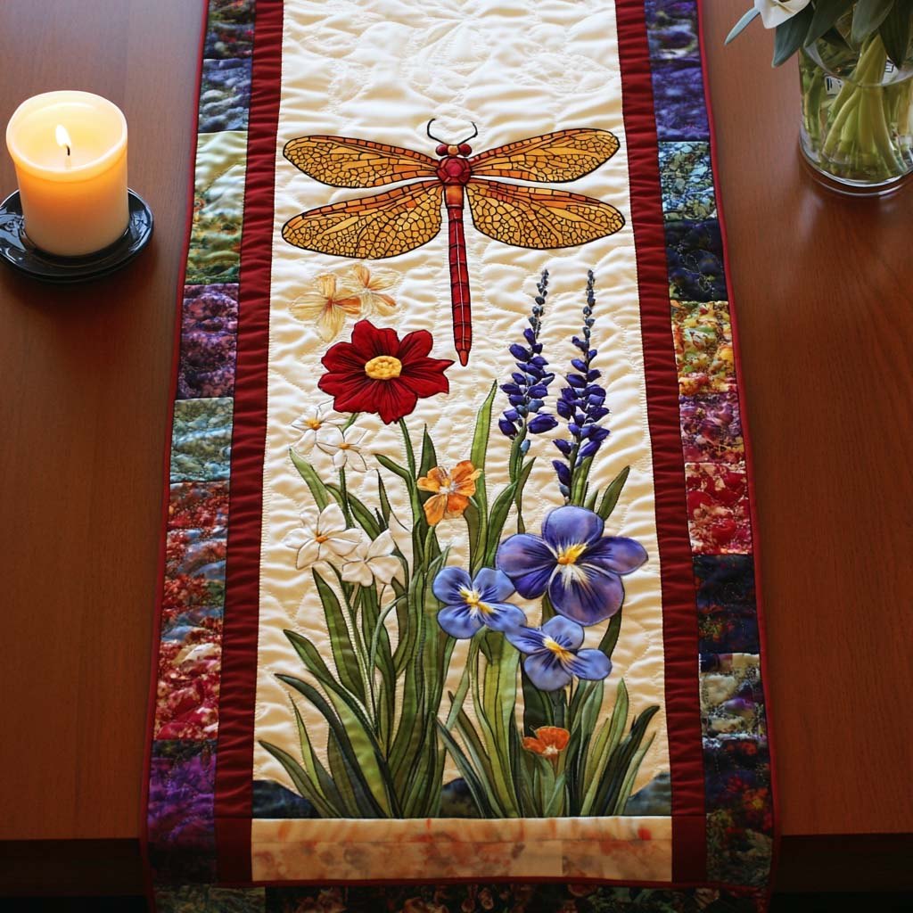 Dragonfly with Wildflowers on Cream Table Runner