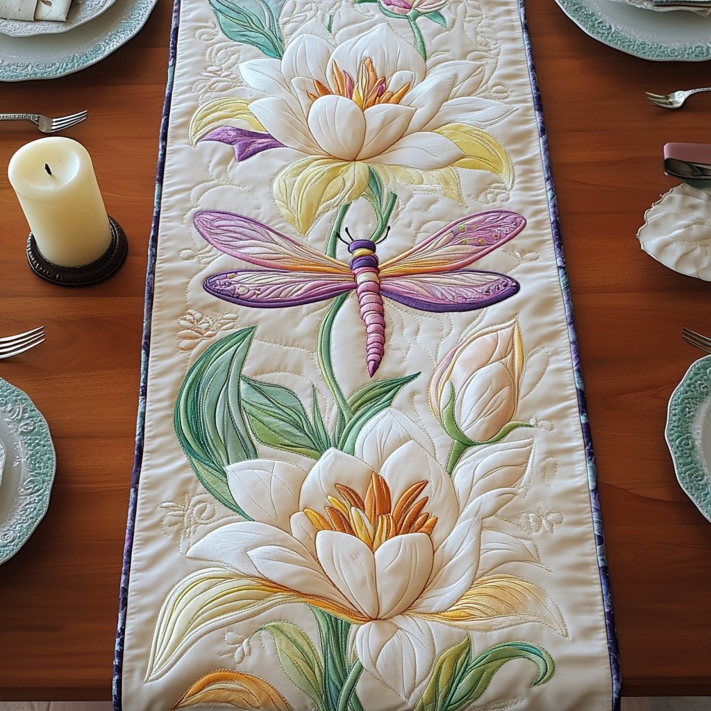 Pastel Dragonfly with White Lilies Table Runner