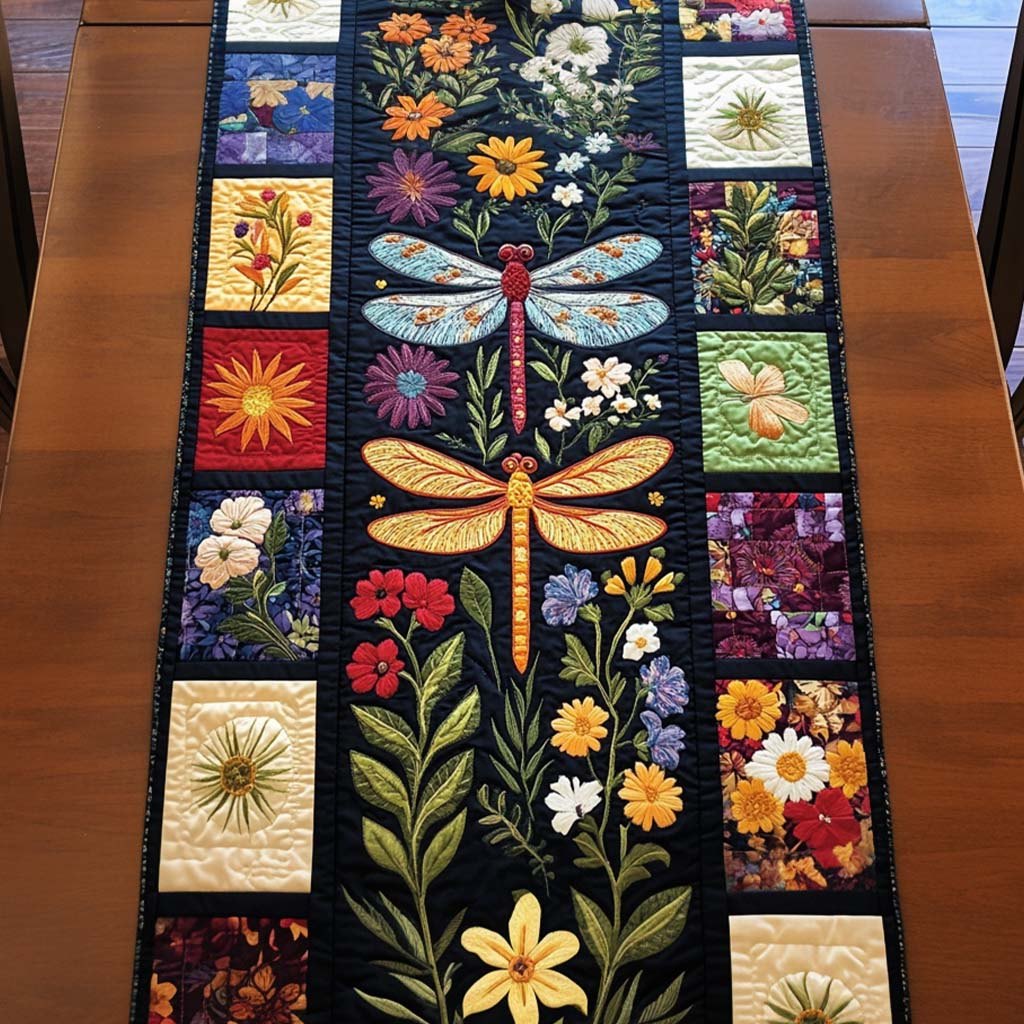 Dragonflies on Black with Flower Blocks Table Runner