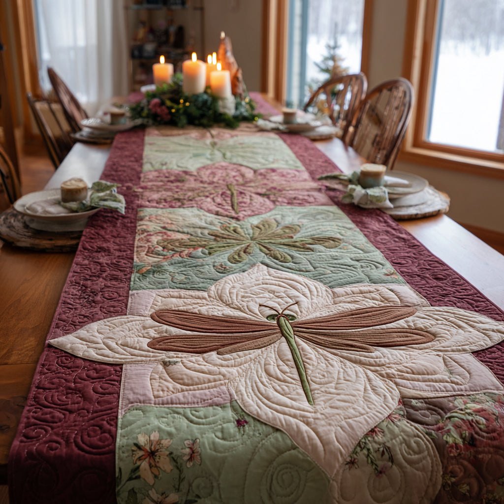 Dragonfly on Soft Pink Stripes Table Runner