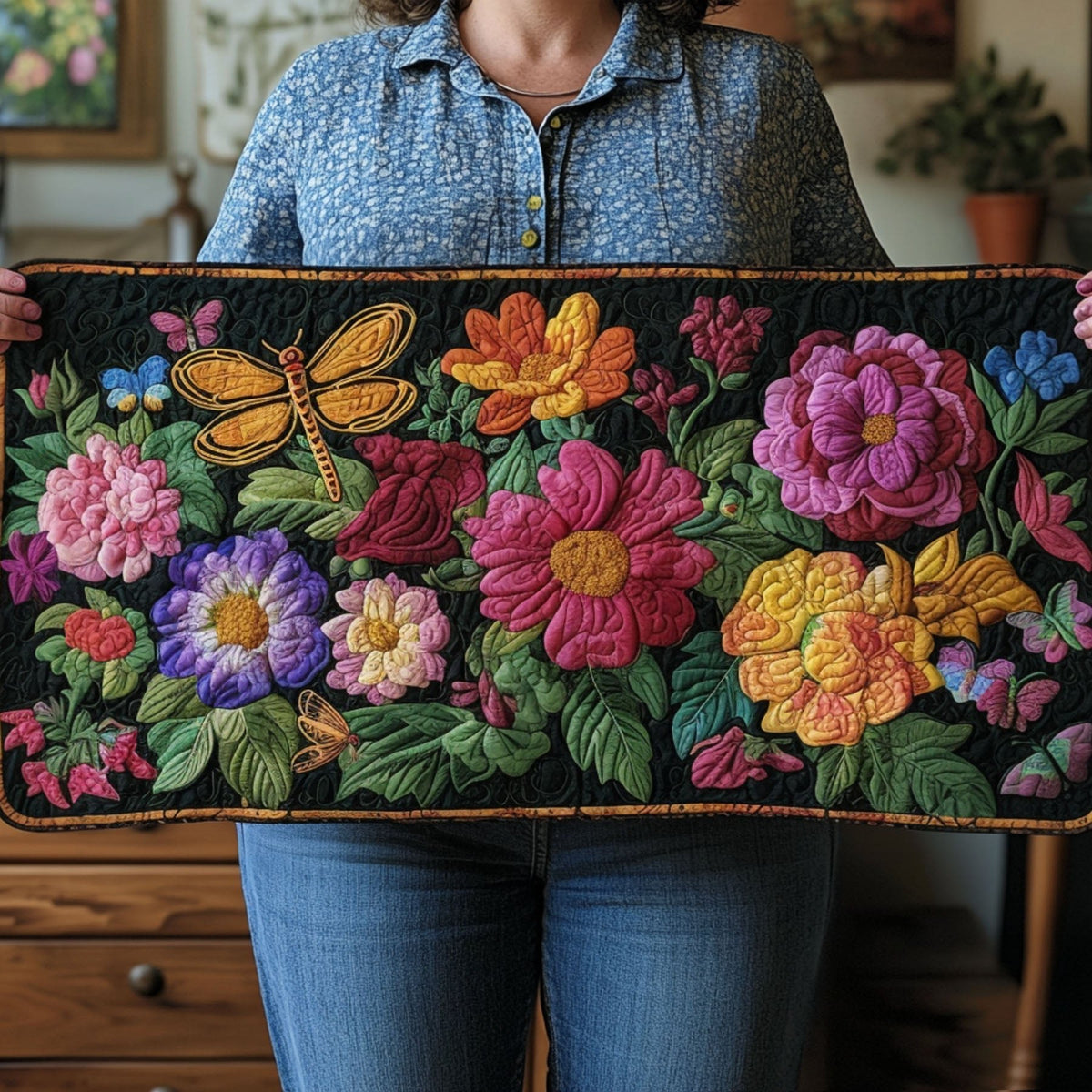 Dragonflies Over a Bright Flower Bed Table Runner