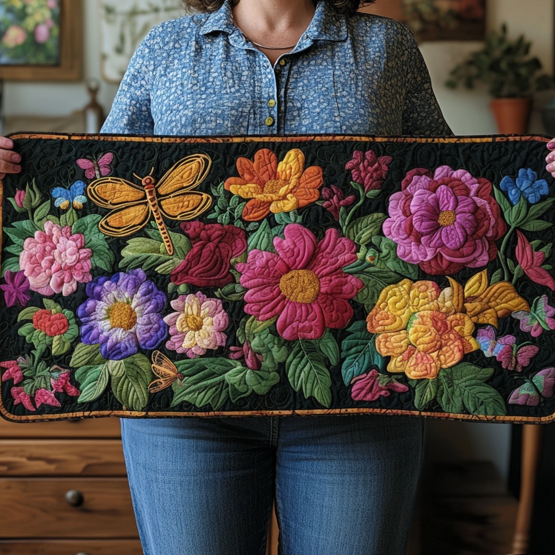 Dragonflies Over a Bright Flower Bed Table Runner