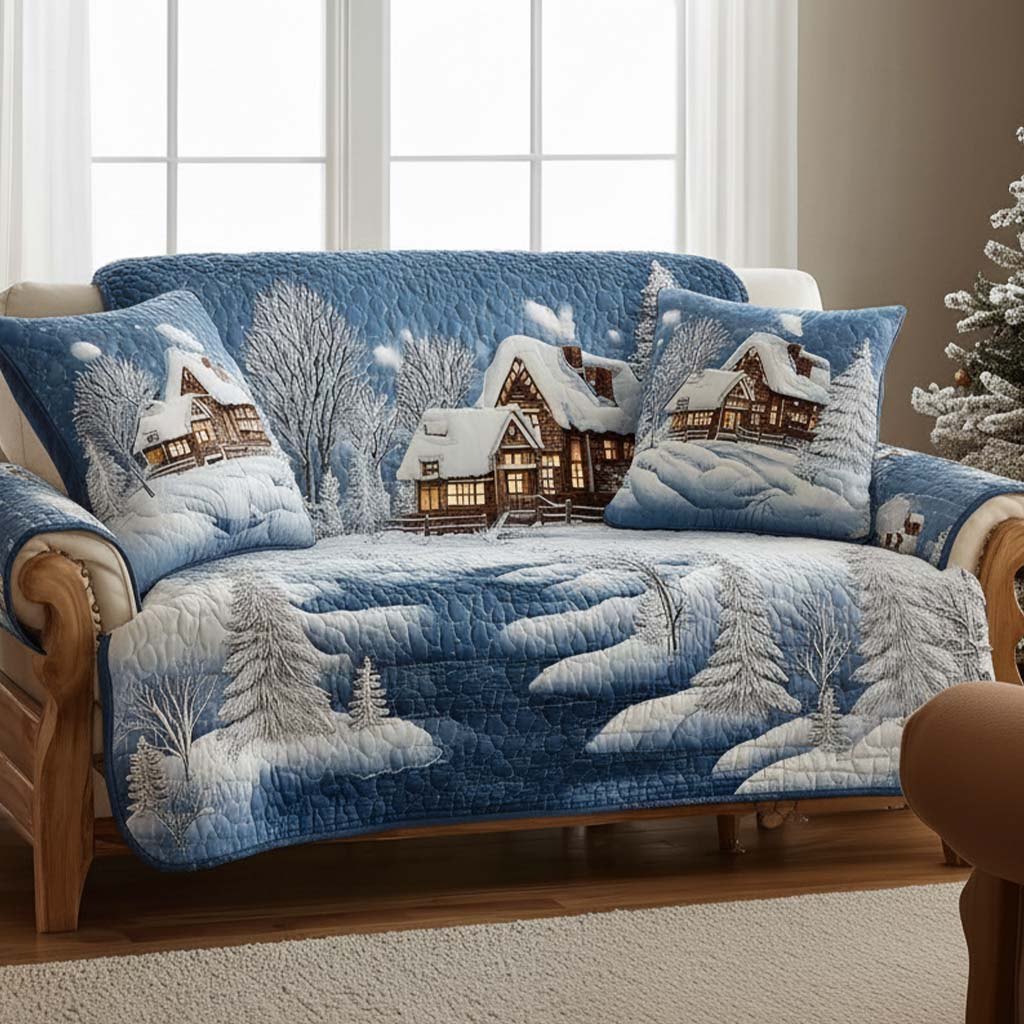 Winter Cottages in Blue Snowfall Sofa Cover