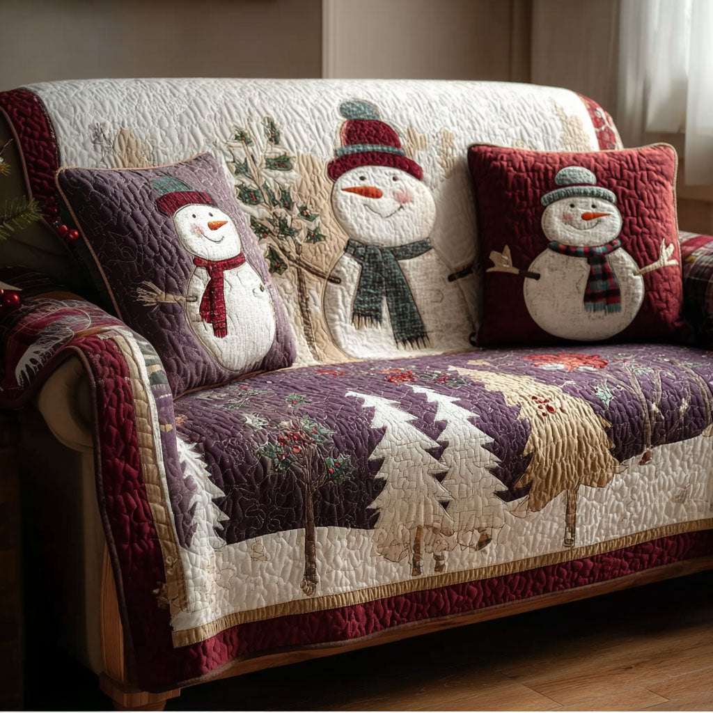 Snowmen and Pines on Plum Patchwork Sofa Cover