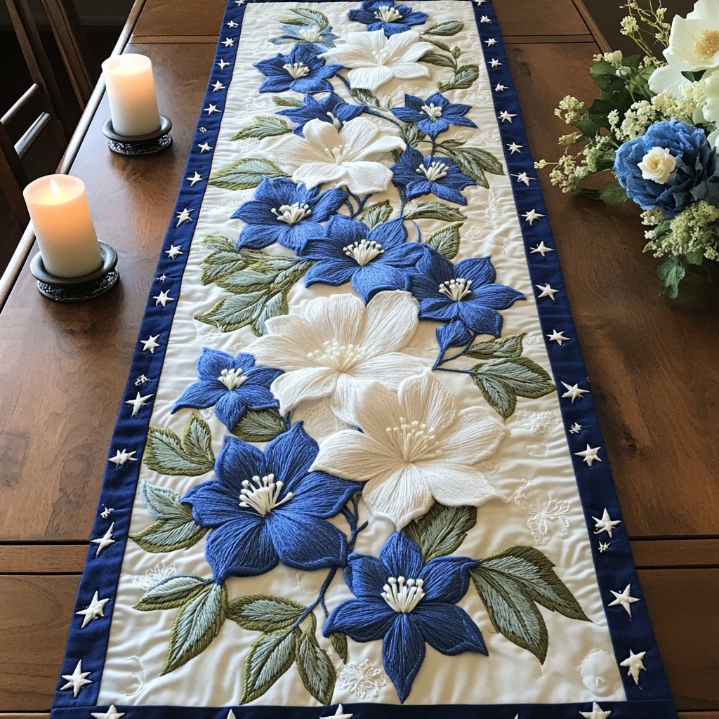 Blue and White Blooms with Stars Table Runner