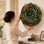 Personalized emerald dragon wall clock — personalized with a custom name