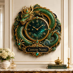 Personalized emerald dragon wall clock — personalized with a custom name