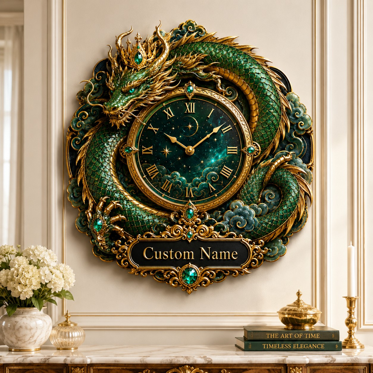 Personalized emerald dragon wall clock — personalized with a custom name