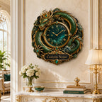 Personalized emerald dragon wall clock — personalized with a custom name