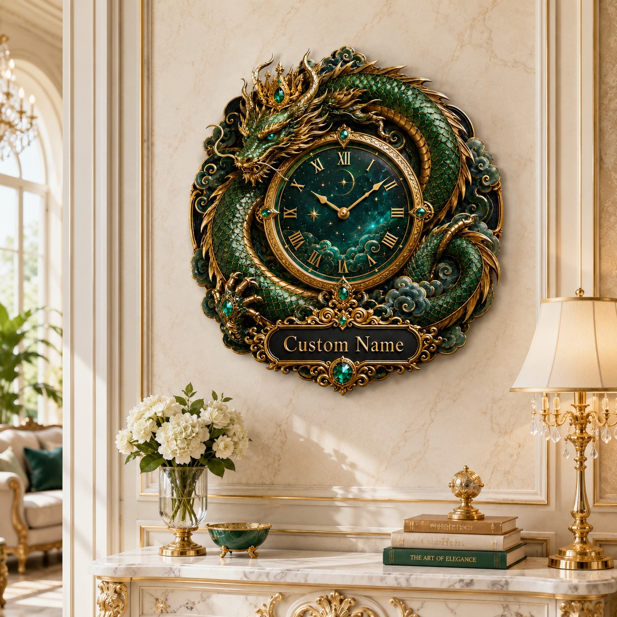 Personalized emerald dragon wall clock — personalized with a custom name