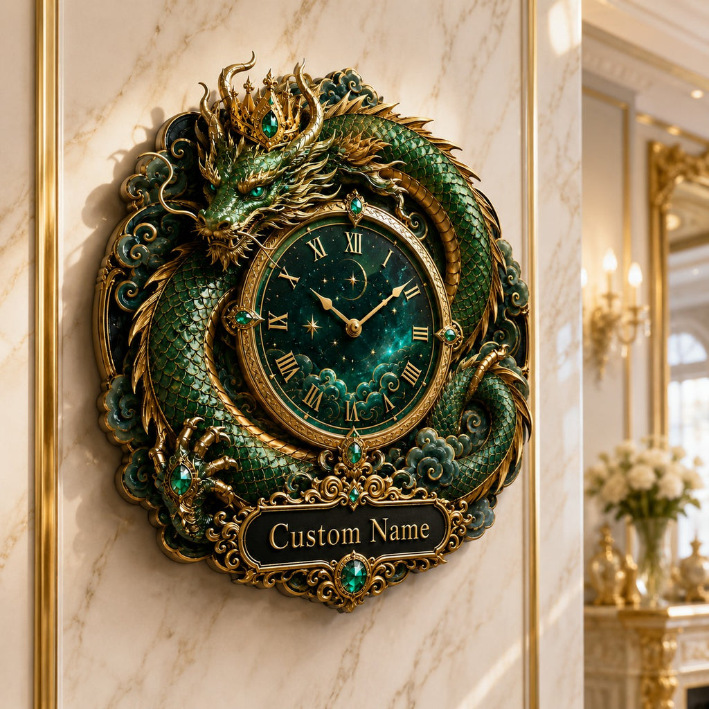 Personalized emerald dragon wall clock — personalized with a custom name