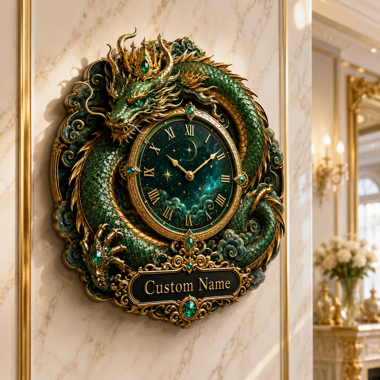 Personalized emerald dragon wall clock — personalized with a custom name
