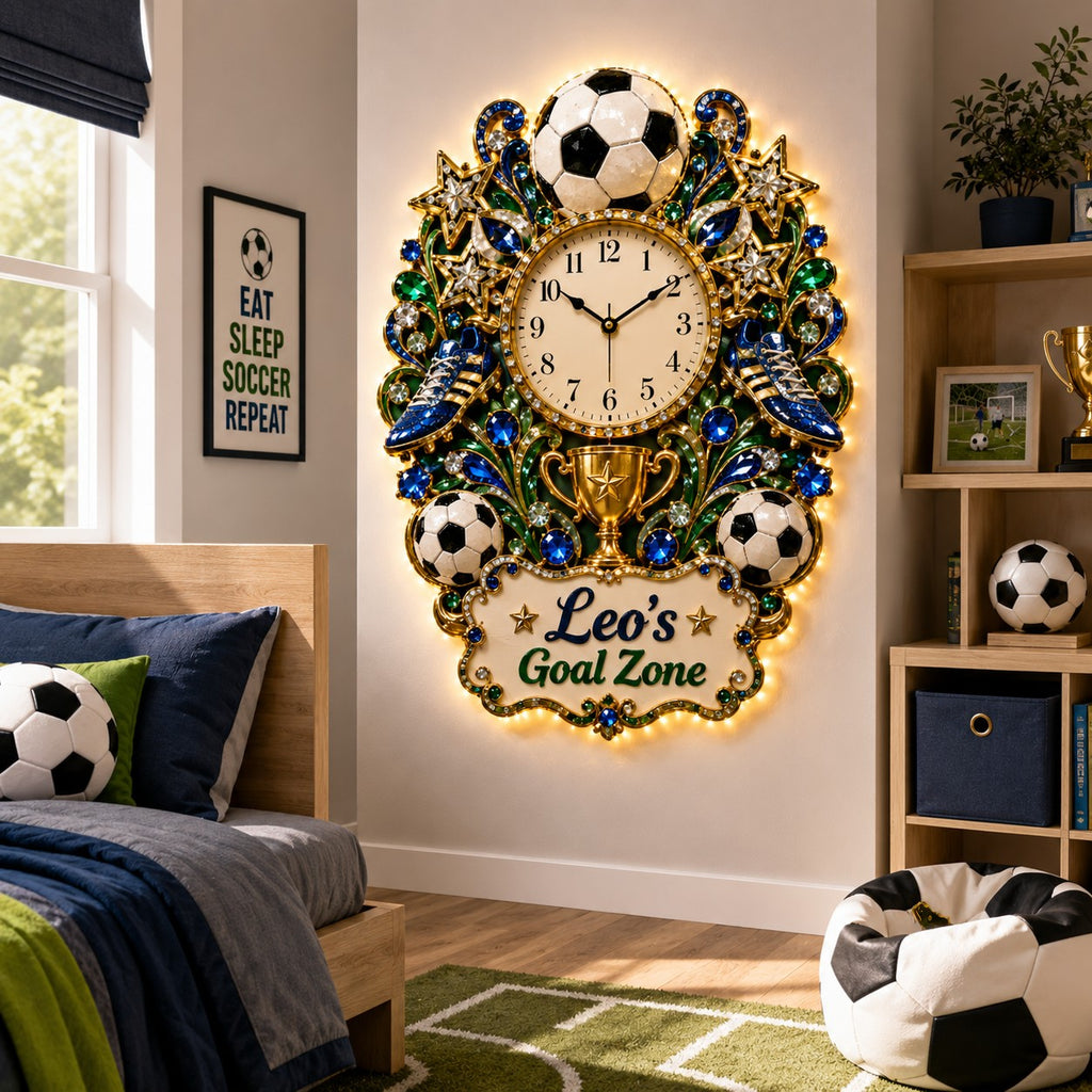 Soccer goal zone Custom Name Wall Clock — personalized with a custom name
