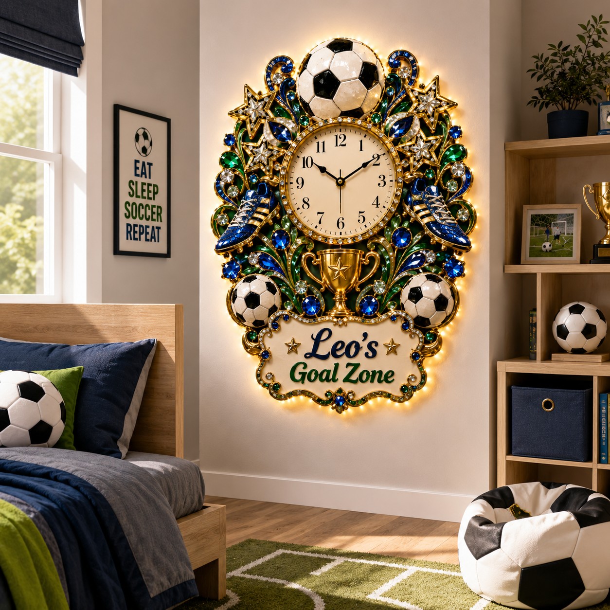 Soccer goal zone Custom Name Wall Clock — personalized with a custom name