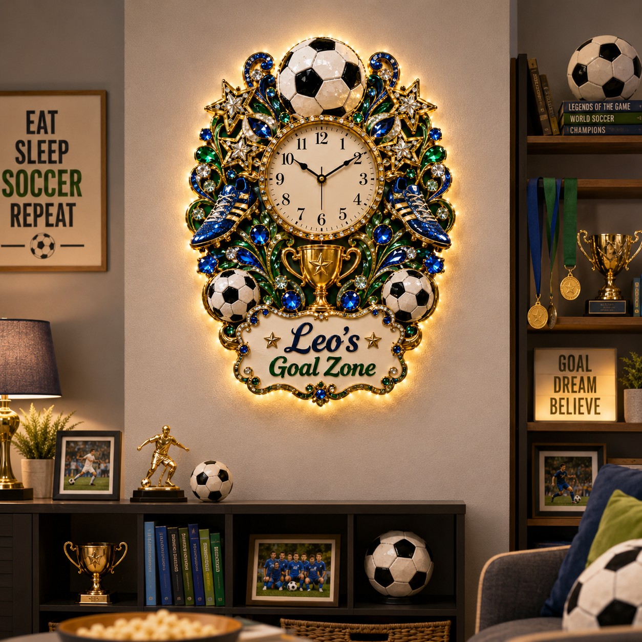 Soccer goal zone Custom Name Wall Clock — personalized with a custom name