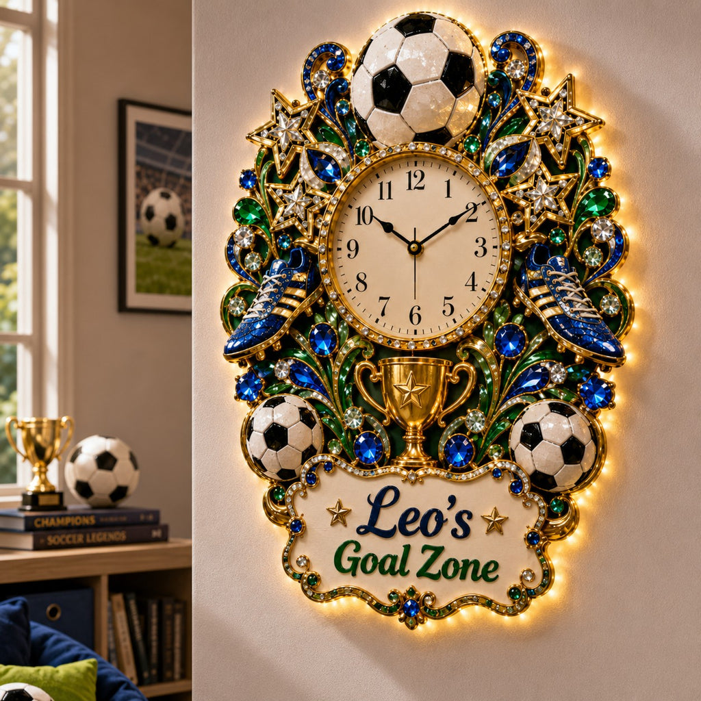 Soccer goal zone Custom Name Wall Clock — personalized with a custom name