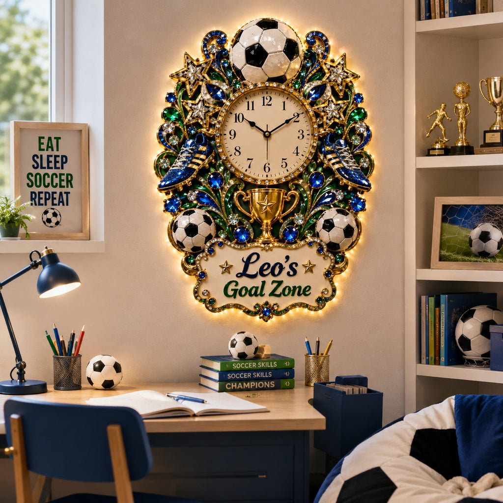 Soccer goal zone Custom Name Wall Clock — personalized with a custom name