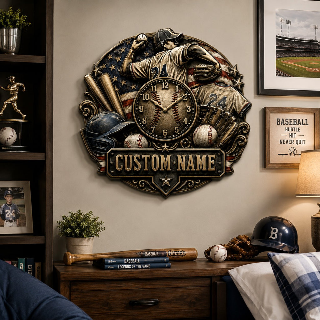 Youth baseball Custom Name Wall Clock — personalized with a custom name