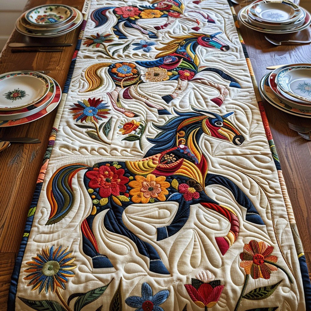Folk Horse with Flowers on Cream Table Runner