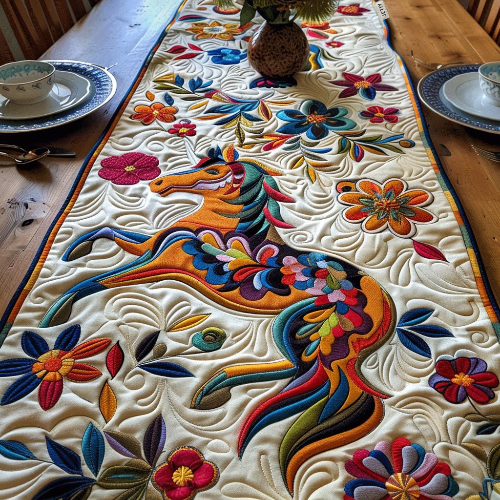 Colorful Folk Horses with Blooms Table Runner