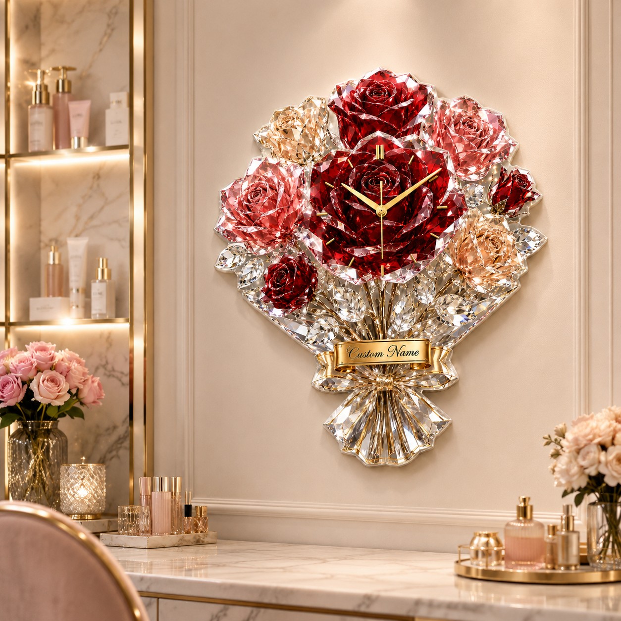 Luxury rose bouquet Custom Name Wall Clock — personalized with a custom name