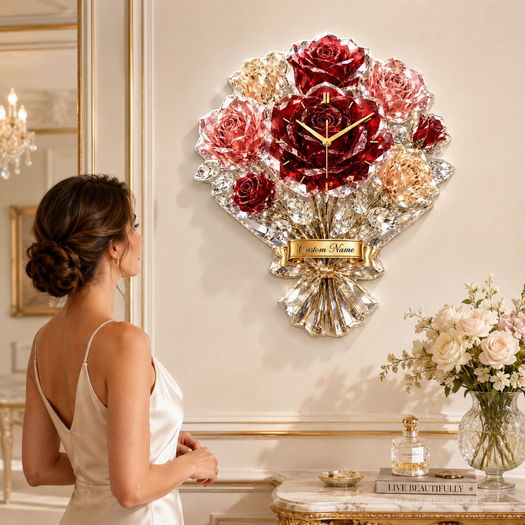 Luxury rose bouquet Custom Name Wall Clock — personalized with a custom name