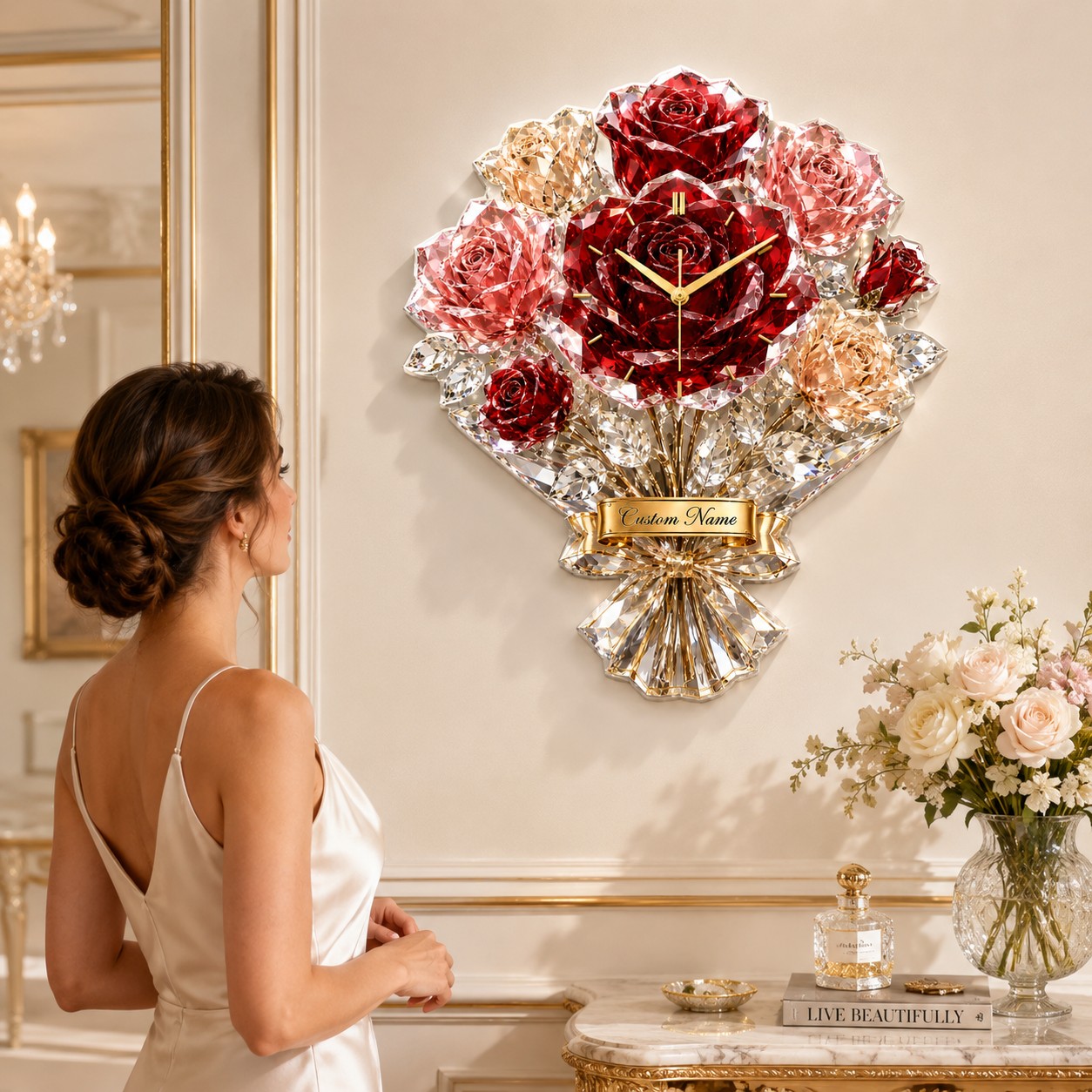 Luxury rose bouquet Custom Name Wall Clock — personalized with a custom name