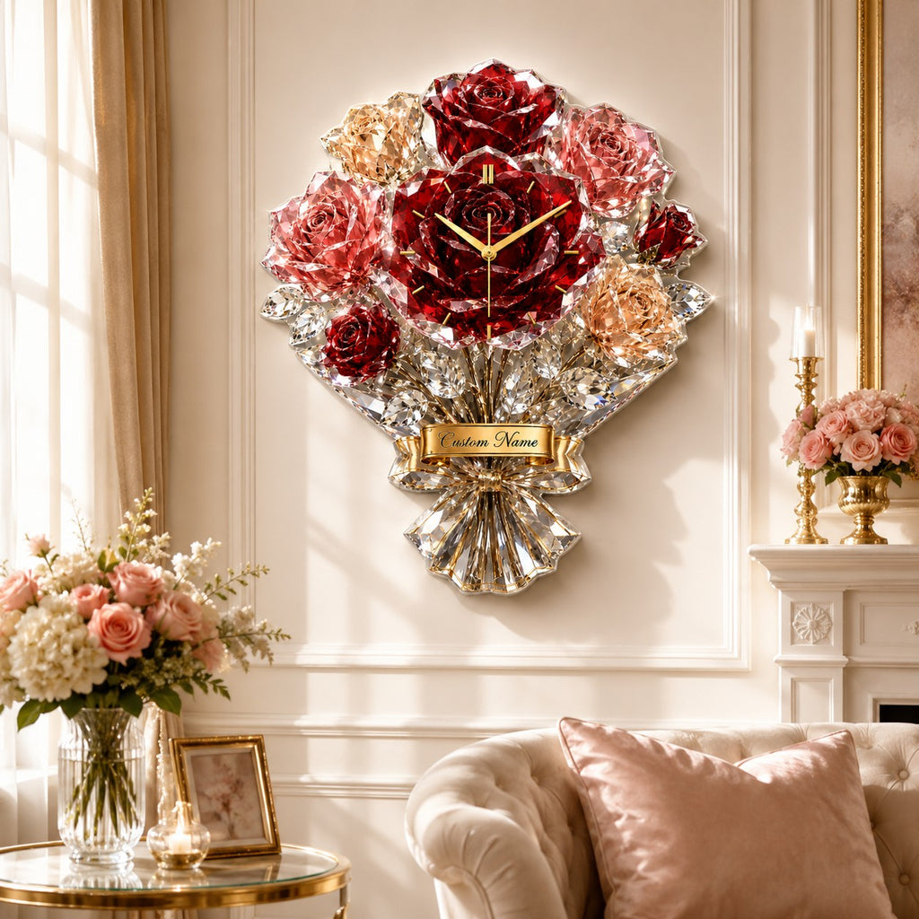 Luxury rose bouquet Custom Name Wall Clock — personalized with a custom name