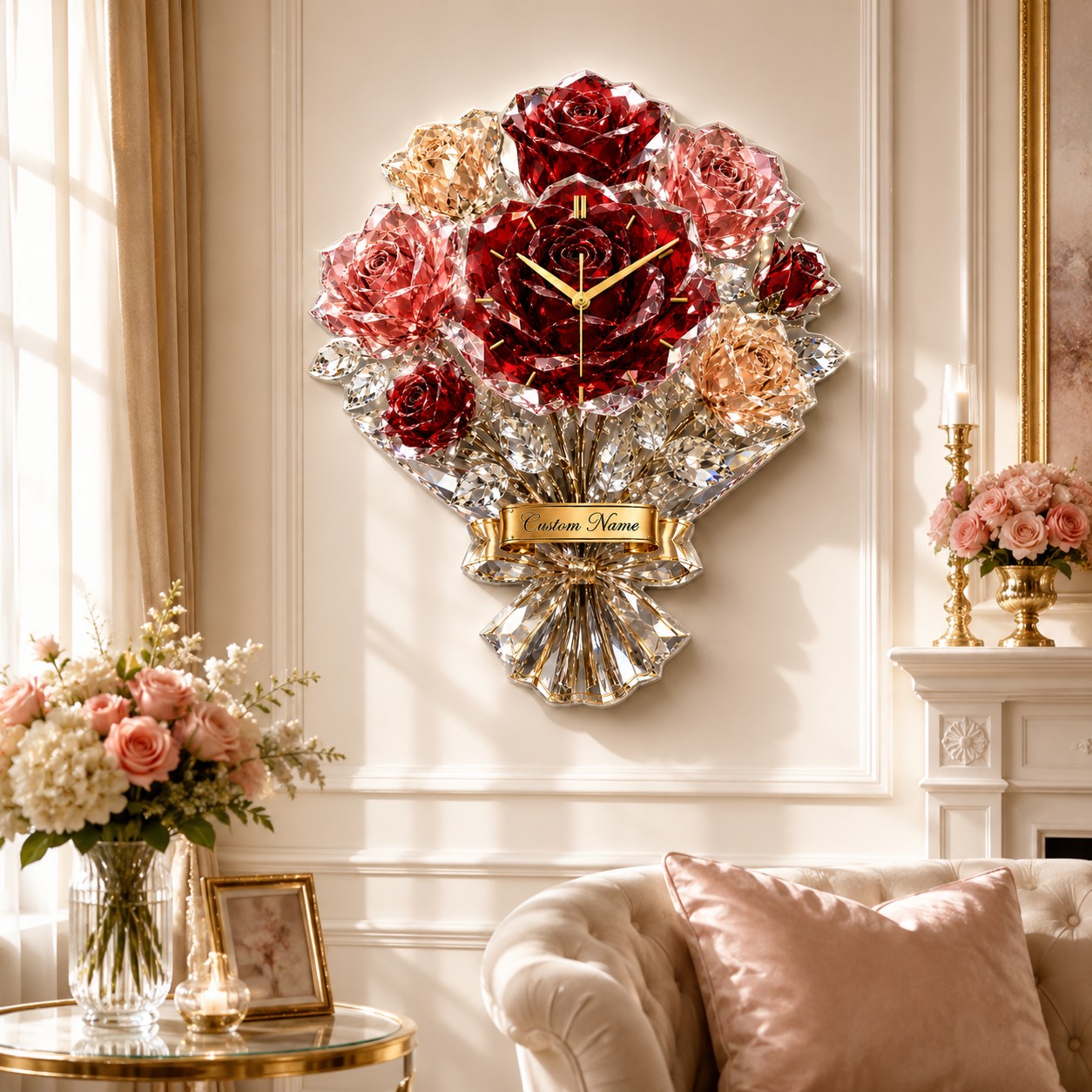 Luxury rose bouquet Custom Name Wall Clock — personalized with a custom name
