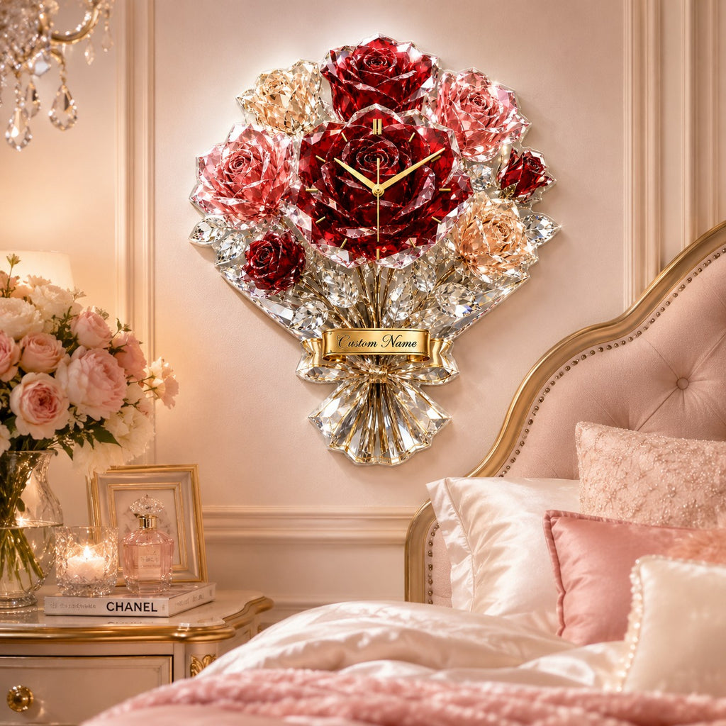 Luxury rose bouquet Custom Name Wall Clock — personalized with a custom name