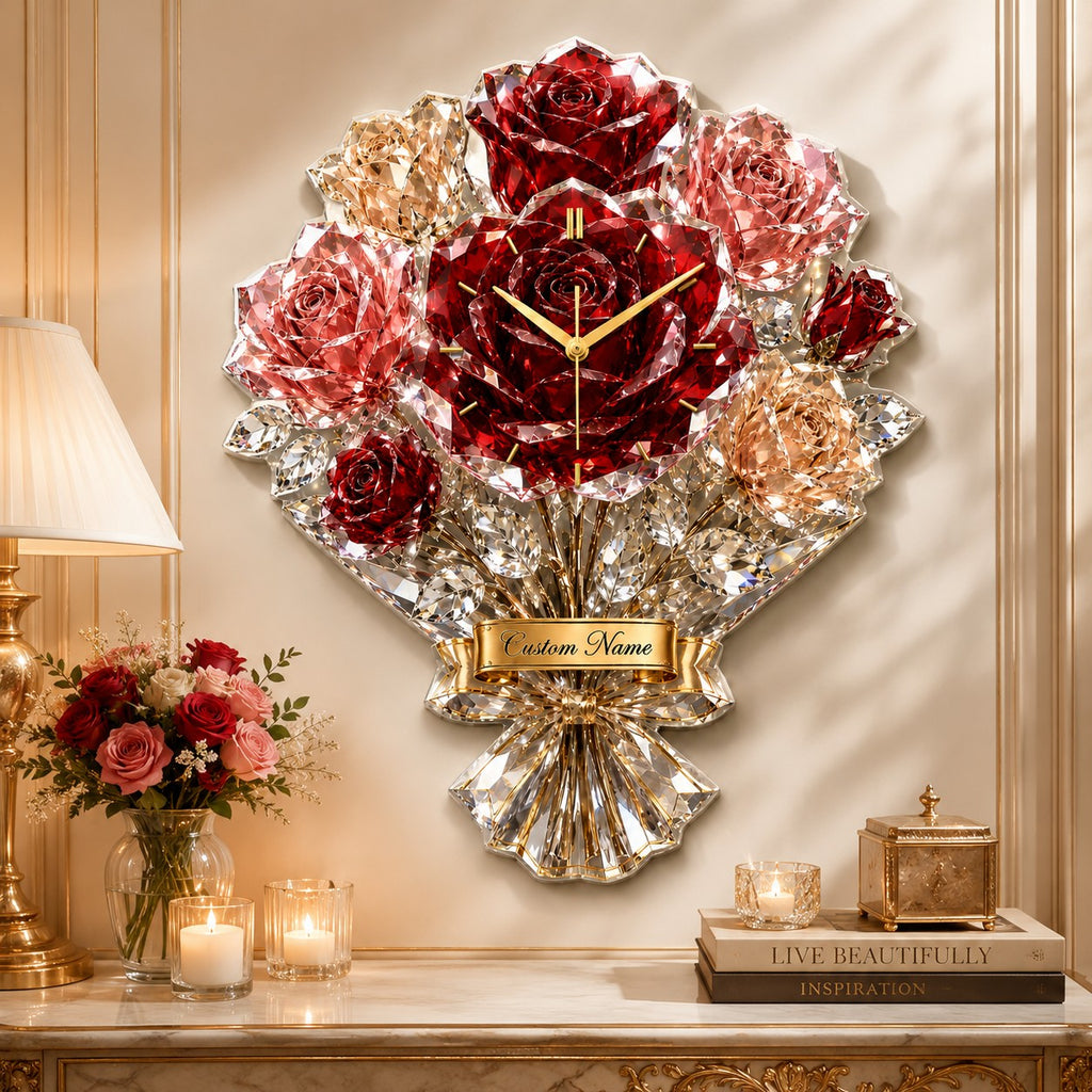 Luxury rose bouquet Custom Name Wall Clock — personalized with a custom name