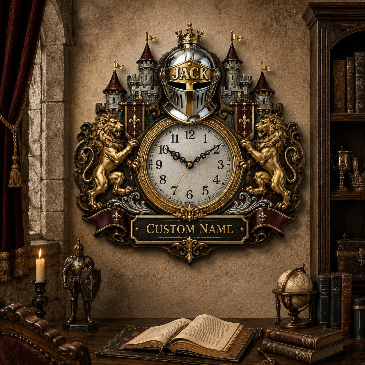 Medieval Custom Name Wall Clock — personalized with a custom name
