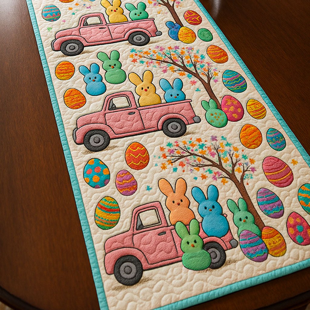 Pink Trucks with Easter Eggs and Bunnies Table Runner