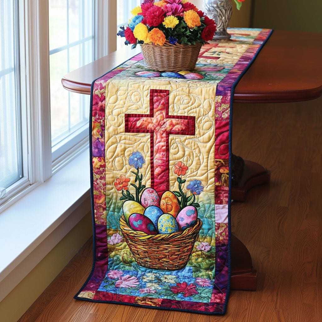Cross Above an Easter Egg Basket Table Runner