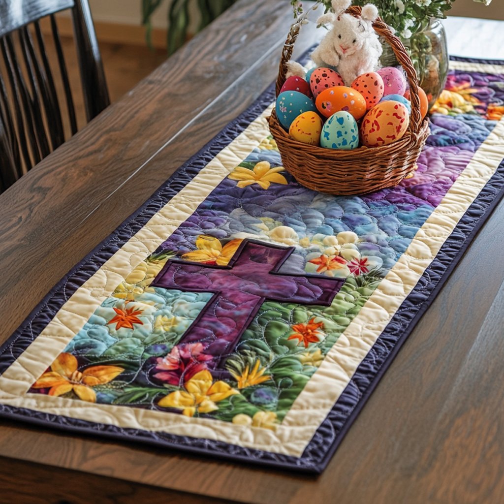 Purple Cross with Spring Flowers Table Runner