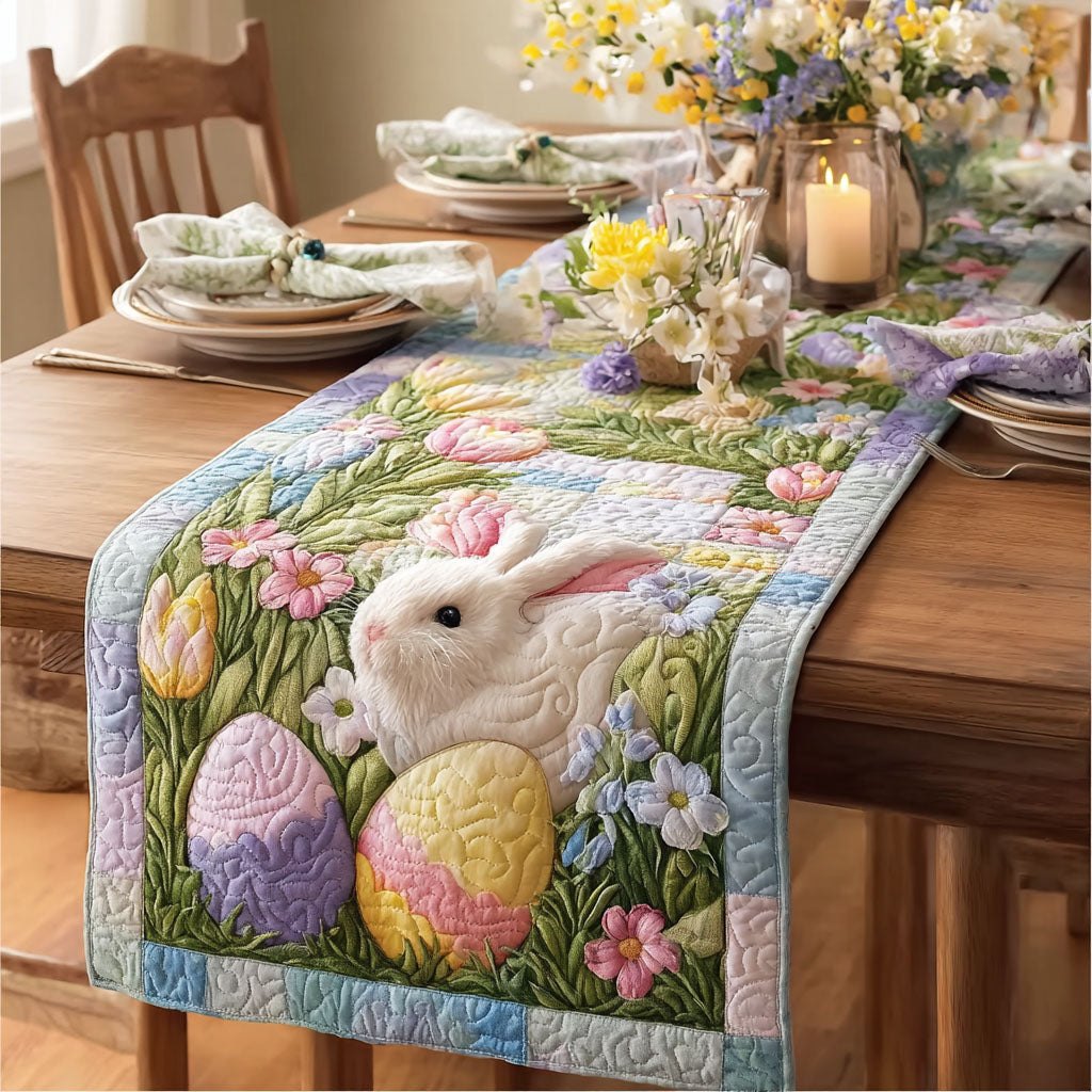 White Bunny with Pastel Eggs in Grass Table Runner
