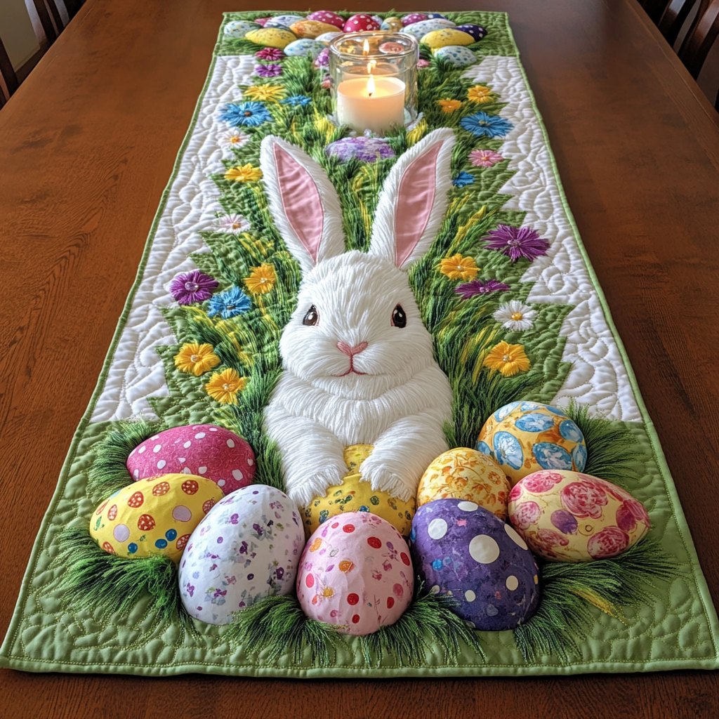 White Bunny with Speckled Eggs Table Runner