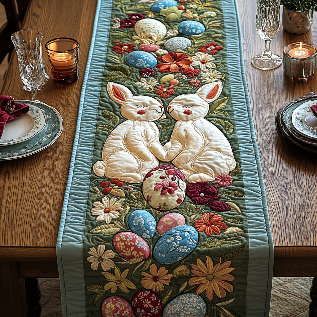 Two Cream Bunnies with Daisies Table Runner