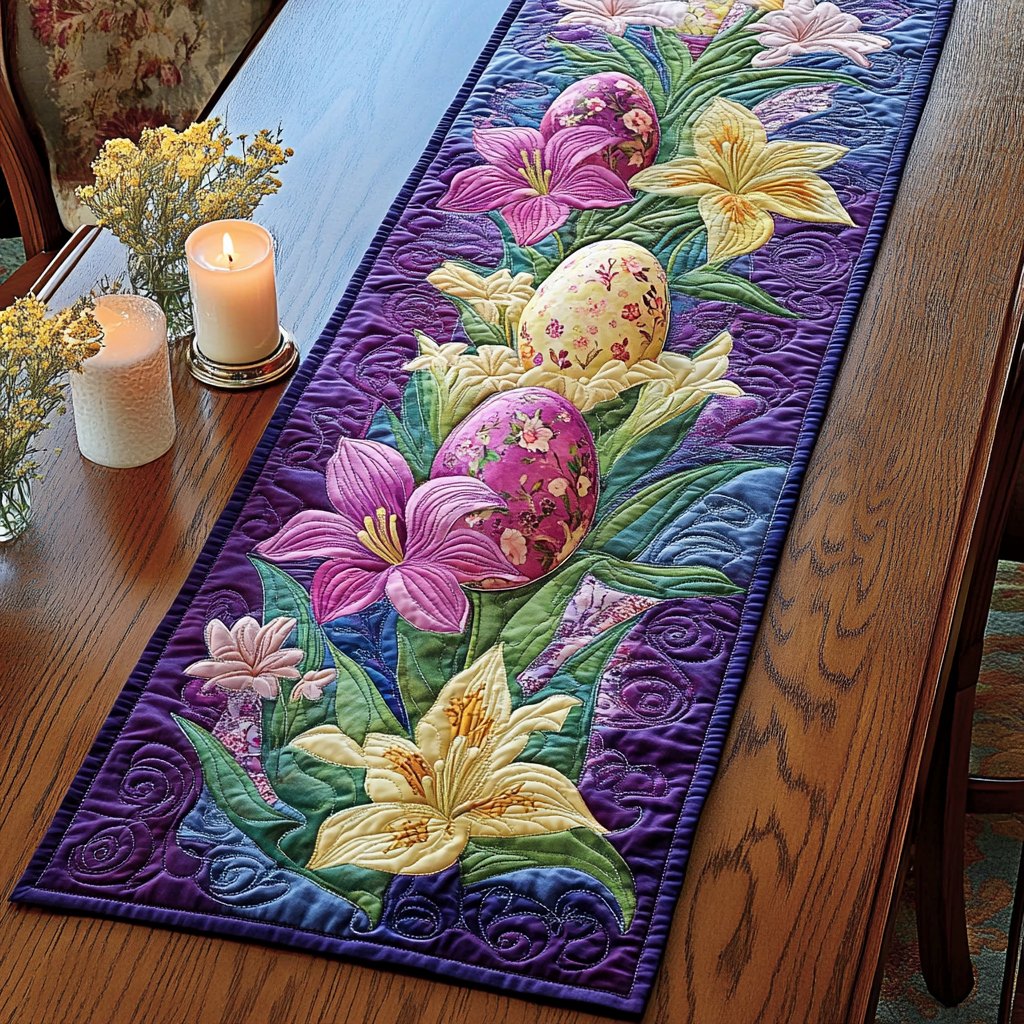 Easter Eggs with Lilies on Purple Table Runner