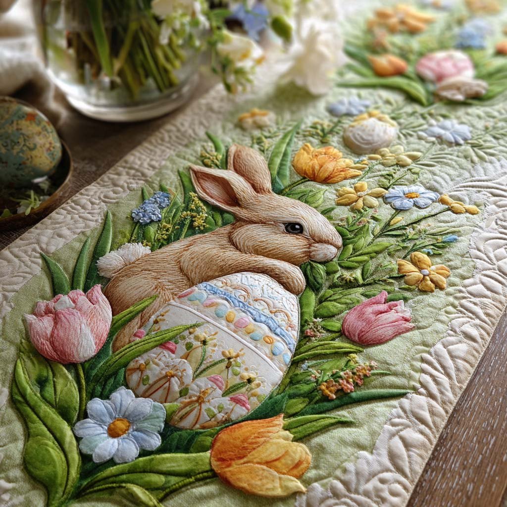 Bunny Beside a Decorated Egg Table Runner