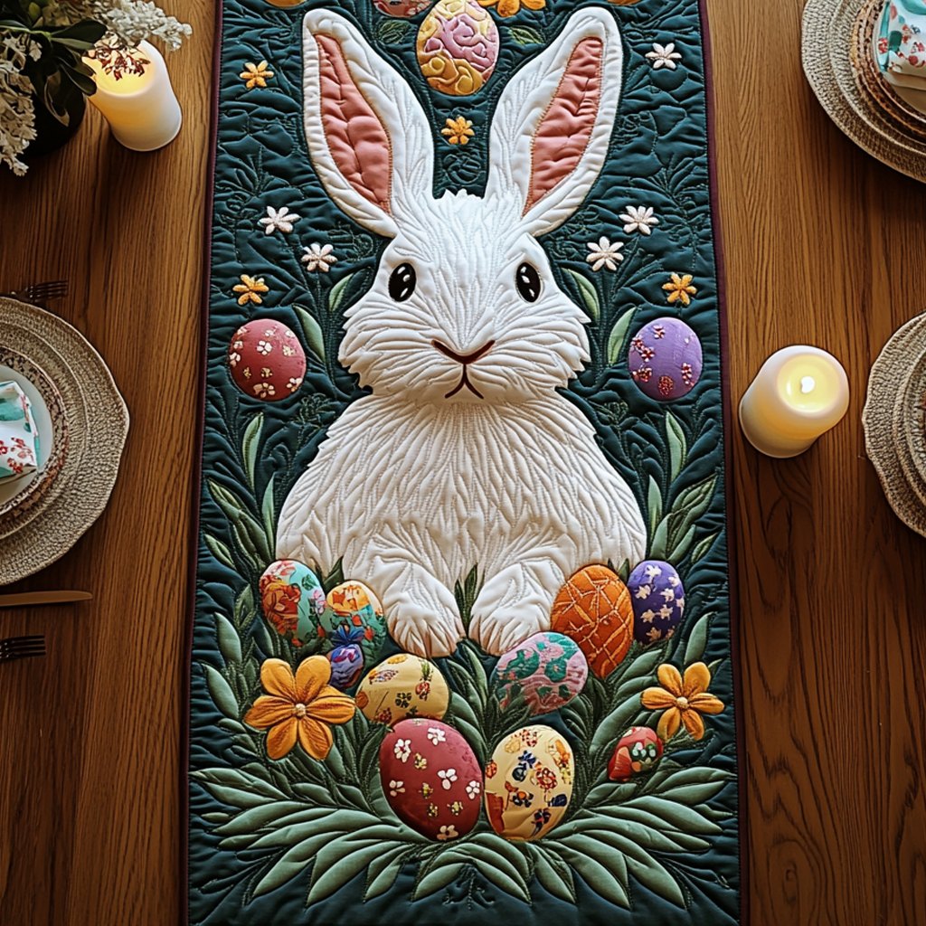 White Bunny with Eggs on Green Table Runner