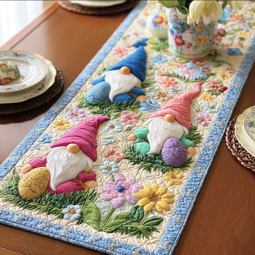 Easter Gnomes with Spring Flowers Table Runner